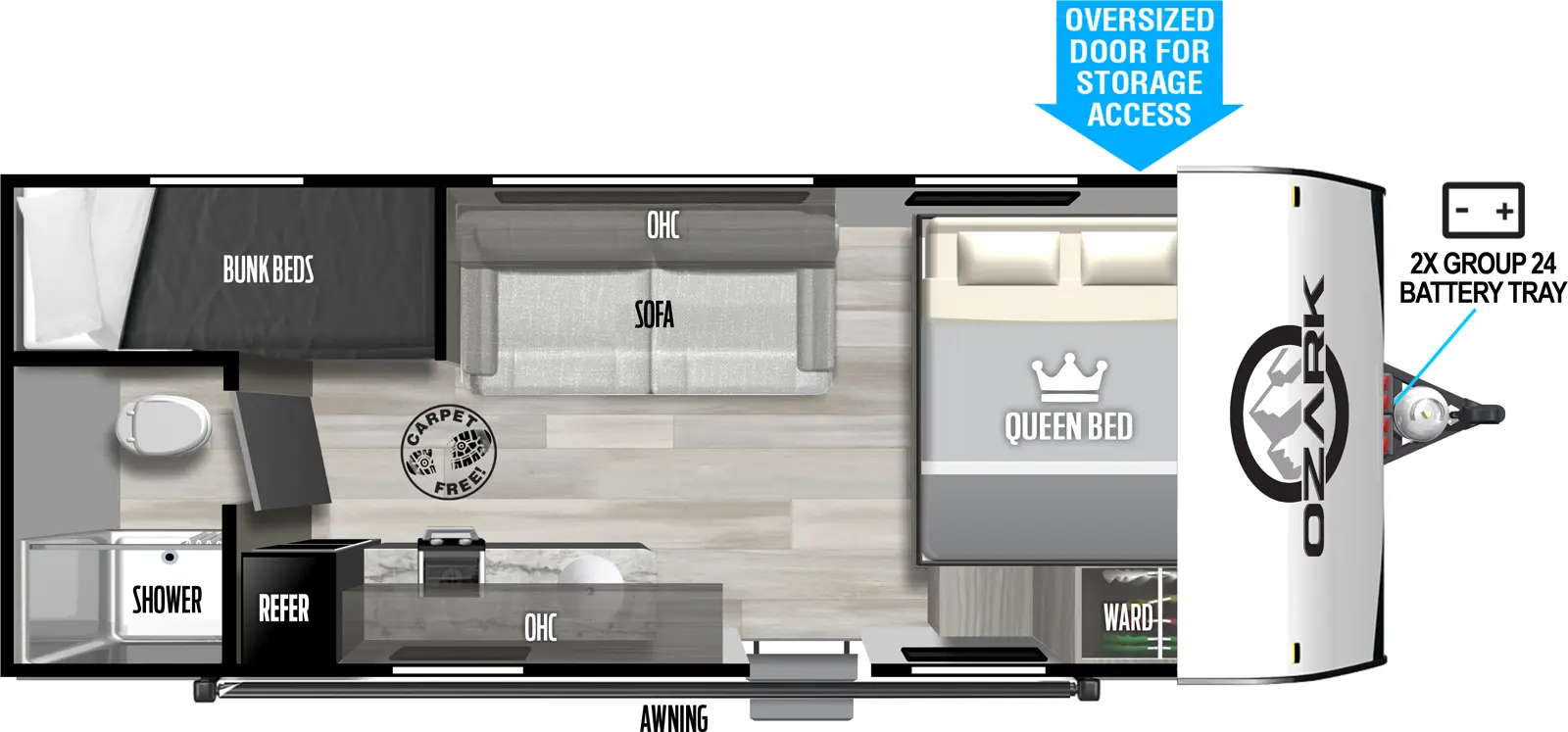 The 1620BHLE has zero slideouts and one entry. Exterior features 2X group 24 battery tray, oversized door for storage access, and awning. Interior layout front to back: side facing queen bed with wardrobe on the door side; off-door side sofa with overhead cabinet; door side entry, kitchen counter with sink, overhead cabinet, cooktop, and standard refrigerator; rear off-door side bunk beds; rear door side bathroom with toilet and shower only.